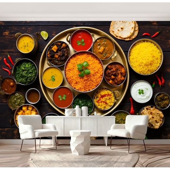 Wall Mural Peel and Stick Indian food Curry butter chicken Palak Paneer chicken Tikka Biryani Self-Adhesive Wallpaper Removable Wall Decal Wall Sticker Home Decor for Living Room Bedroom 69"x96"