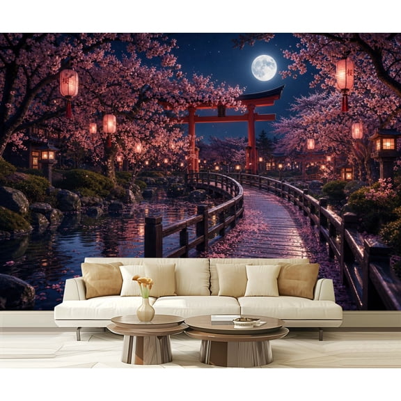 Wall Mural Peel and Stick Japanese Garden Bridge Lanterns Self-Adhesive Wallpaper Removable Wall Decal Wall Sticker Home Decor for Living Room Bedroom 100"x144"