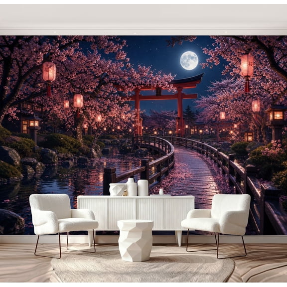 Wall Mural Peel and Stick Japanese Garden Bridge Lanterns Self-Adhesive Wallpaper Removable Wall Decal Wall Sticker Home Decor for Living Room Bedroom 69"x96"