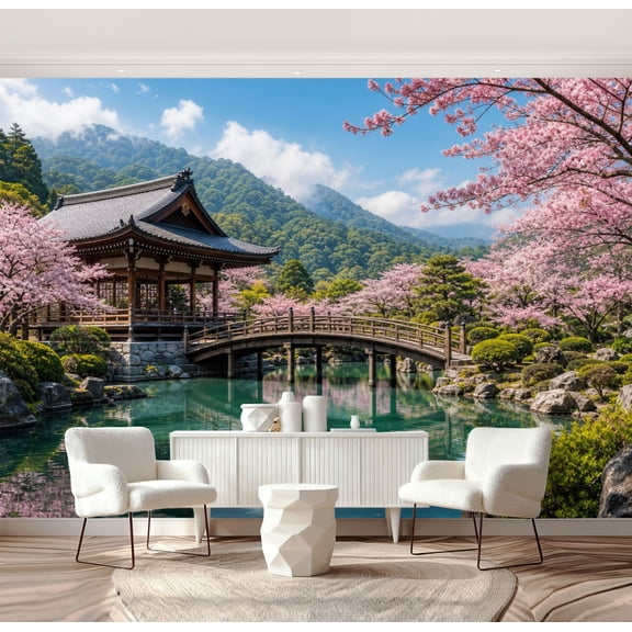 Wall Mural Peel and Stick Japanese Garden Landscape Cherry Blossoms Wooden Bridge Temple Self-Adhesive Wallpaper Removable Wall Decal Wall Sticker Home Decor for Living Room Bedroom 69"x96"