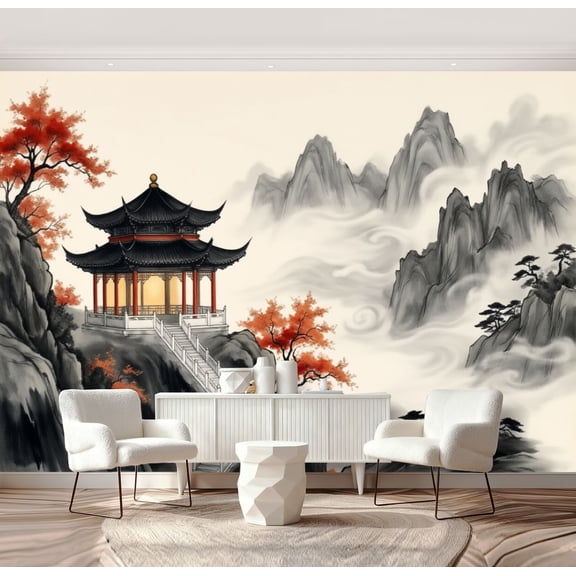 Wall Mural Peel and Stick Japanese Temple Ancient Pavilion Steep Misty Mountains Autumn Maple Self-Adhesive Wallpaper Removable Wall Decal Wall Sticker Home Decor for Living Room Bedroom 69"x96"
