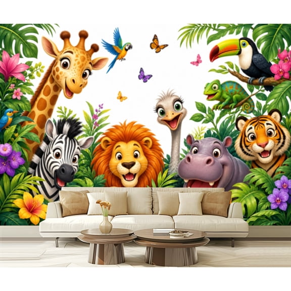 Wall Mural Peel and Stick Jungle animals frame design for kids African baby zoo tropical forest Self-Adhesive Wallpaper Removable Wall Decal Wall Sticker Home Decor for Living Room Bedroom 100"x144"