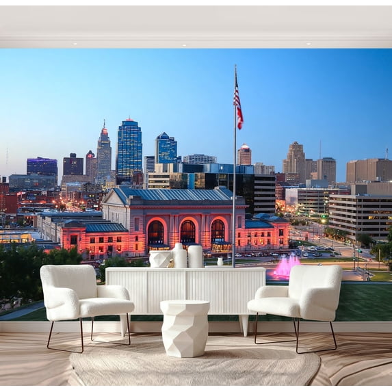 Wall Mural Peel and Stick Kansas City Skyline Union Station Dusk Self-Adhesive Wallpaper Removable Wall Decal Wall Sticker Home Decor for Living Room Bedroom 69"x96"
