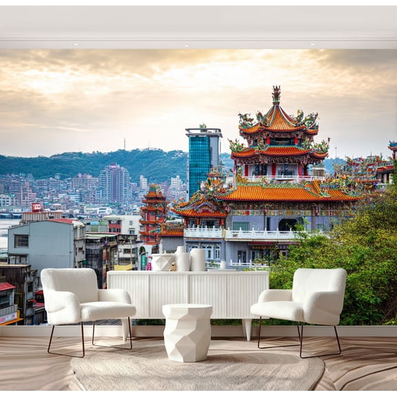 Wall Mural Peel and Stick Keelung Taiwan cityscape temples Self-Adhesive Wallpaper Removable Wall Decal Wall Sticker Home Decor for Living Room Bedroom 69"x96"