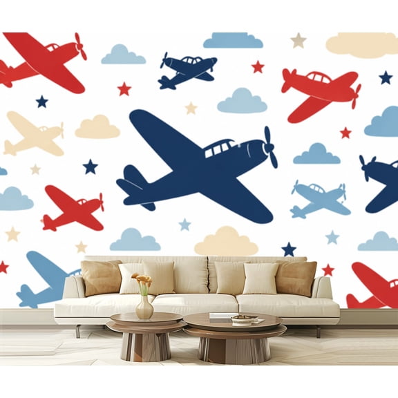 Wall Mural Peel and Stick Kids seamless airplanes stars clouds colorful White Baby Self-Adhesive Wallpaper Removable Wall Decal Wall Sticker Home Decor for Living Room Bedroom 100"x144"