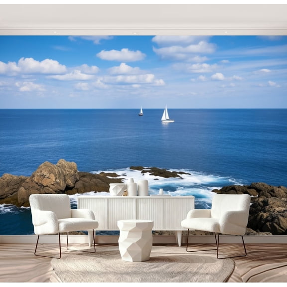 Wall Mural Peel and Stick Landscape Rocks Way Sailboat Ogunquit Maine Self-Adhesive Wallpaper Removable Wall Decal Wall Sticker Home Decor for Living Room Bedroom 69"x96"