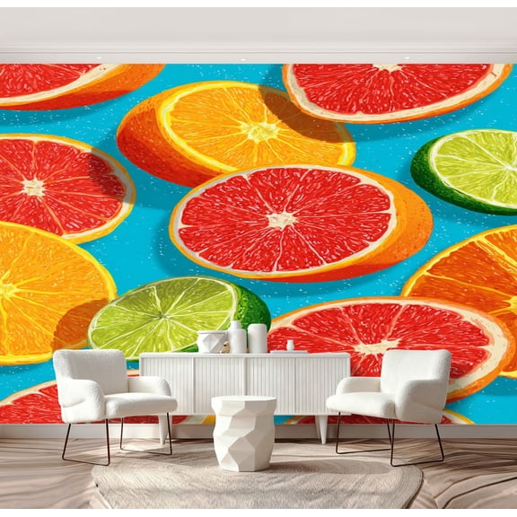 Wall Mural Peel and Stick Lemon fruits seamless leaves pink citrus Self-Adhesive Wallpaper Removable Wall Decal Wall Sticker Home Decor for Living Room Bedroom 69"x96"