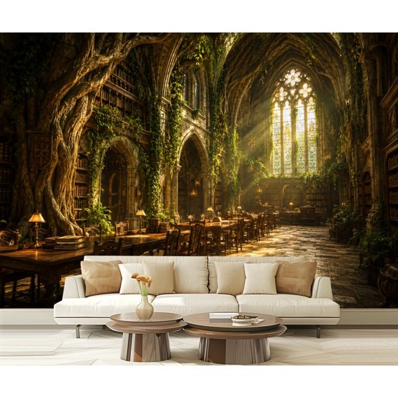Wall Mural Peel and Stick Library Sunlit Gothic Arches Overgrown Vines Self-Adhesive Wallpaper Removable Wall Decal Wall Sticker Home Decor for Living Room Bedroom 100"x144"