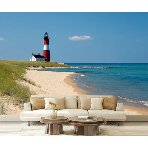 Wall Mural Peel and Stick Lighthouse Beach Coastline Michigan Shore Great Lakes Self-Adhesive Wallpaper Removable Wall Decal Wall Sticker Home Decor for Living Room Bedroom 100"x144"
