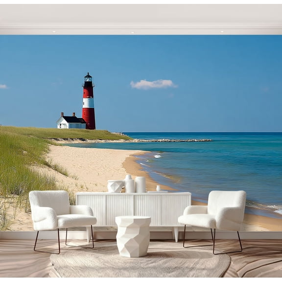 Wall Mural Peel and Stick Lighthouse Beach Coastline Michigan Shore Great Lakes Self-Adhesive Wallpaper Removable Wall Decal Wall Sticker Home Decor for Living Room Bedroom 69"x96"