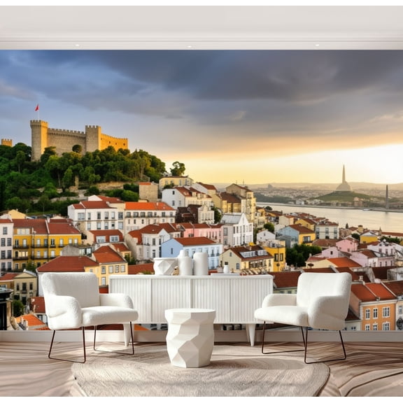 Wall Mural Peel and Stick Lisbon Portugal Skyline Castle Self-Adhesive Wallpaper Removable Wall Decal Wall Sticker Home Decor for Living Room Bedroom 69"x96"