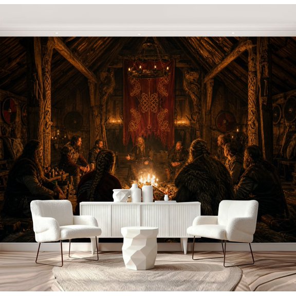 Wall Mural Peel and Stick Longhouse Gathering Fire Pit Wooden Interior Decor Self-Adhesive Wallpaper Removable Wall Decal Wall Sticker Home Decor for Living Room Bedroom 69"x96"