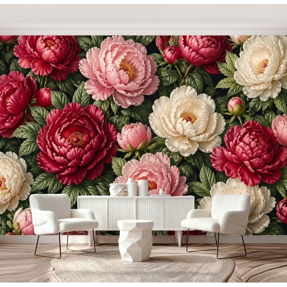 Wall Mural Peel and Stick Luxurious Red Pink Peony Floral White Accents Green Leaves Self-Adhesive Wallpaper Removable Wall Decal Wall Sticker Home Decor for Living Room Bedroom 69"x96"
