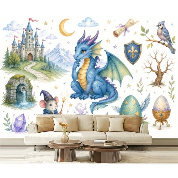 Wall Mural Peel and Stick Magic cute baby for girls fairy castle dragon colorful rainbow Self-Adhesive Wallpaper Removable Wall Decal Wall Sticker Home Decor for Living Room Bedroom 100"x144"