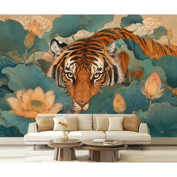 Wall Mural Peel and Stick Majestic Tiger Among Lotus Flowers Vintage Style Self-Adhesive Wallpaper Removable Wall Decal Wall Sticker Home Decor for Living Room Bedroom 100"x144"