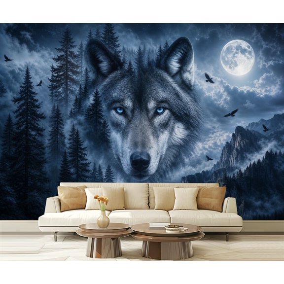 Wall Mural Peel and Stick Majestic Wolf Blue Eyes Forest Scene Self-Adhesive Wallpaper Removable Wall Decal Wall Sticker Home Decor for Living Room Bedroom 100"x144"