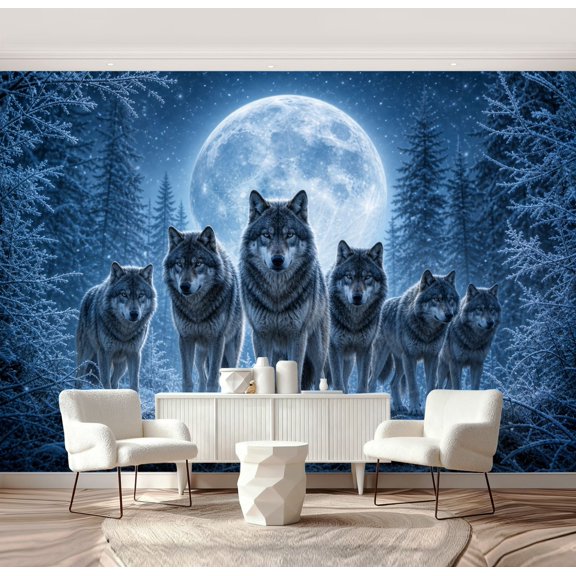 Wall Mural Peel and Stick Majestic Wolves Under Full Moon Frosty Forest Landscape Self-Adhesive Wallpaper Removable Wall Decal Wall Sticker Home Decor for Living Room Bedroom 69"x96"