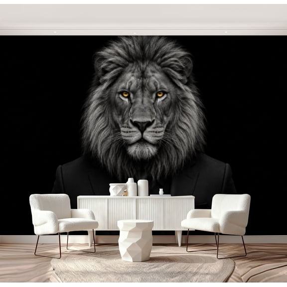 Wall Mural Peel and Stick Man form Lion lion person animal face black white Self-Adhesive Wallpaper Removable Wall Decal Wall Sticker Home Decor for Living Room Bedroom 69"x96"