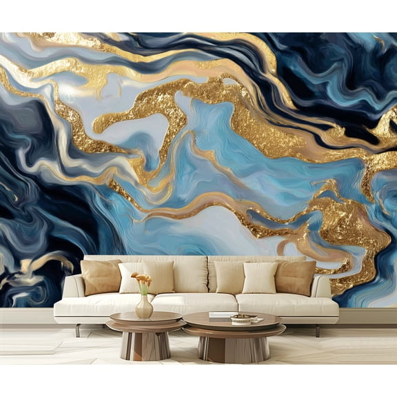 Wall Mural Peel and Stick Marble seamless Silver gold grey blue black abstract Self-Adhesive Wallpaper Removable Wall Decal Wall Sticker Home Decor for Living Room Bedroom 100"x144"