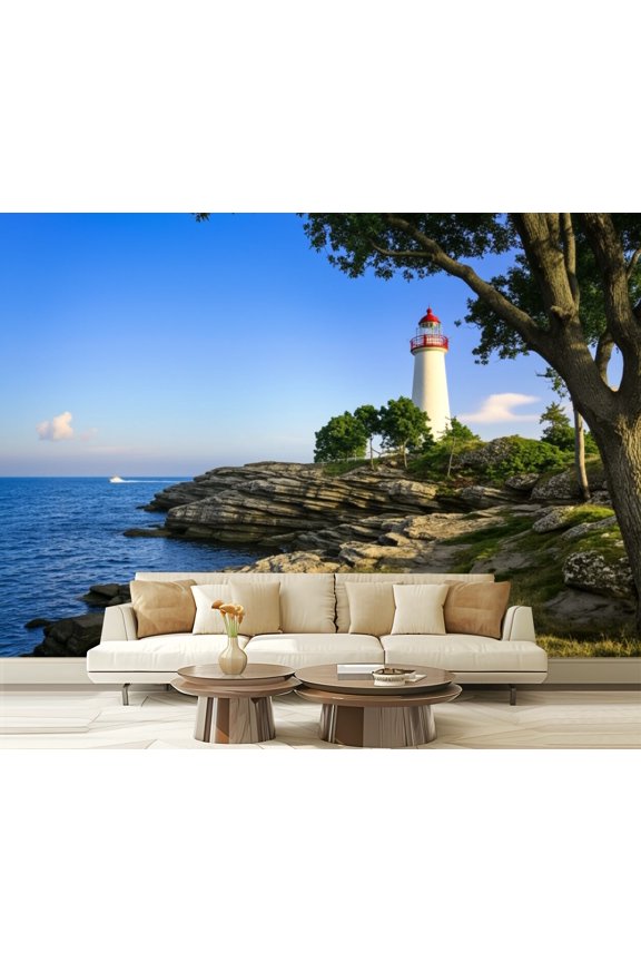 Wall Mural Peel and Stick Marblehead Lighthouse Lake Erie Ohio Self-Adhesive Wallpaper Removable Wall Decal Wall Sticker Home Decor for Living Room Bedroom 100"x144"