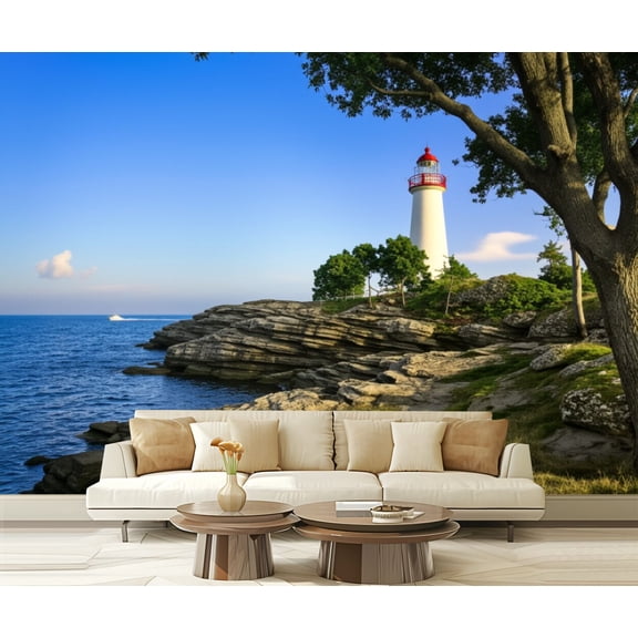 Wall Mural Peel and Stick Marblehead Lighthouse Lake Erie Ohio Self-Adhesive Wallpaper Removable Wall Decal Wall Sticker Home Decor for Living Room Bedroom 100"x144"