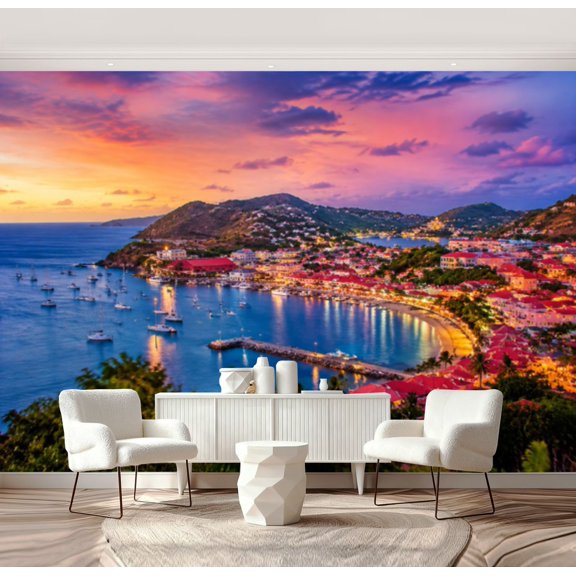 Wall Mural Peel and Stick Marigot St Martin Water Beauty Capital Cities City Cityscape Cloud Sky Self-Adhesive Wallpaper Removable Wall Decal Wall Sticker Home Decor for Living Room Bedroom 69"x96"