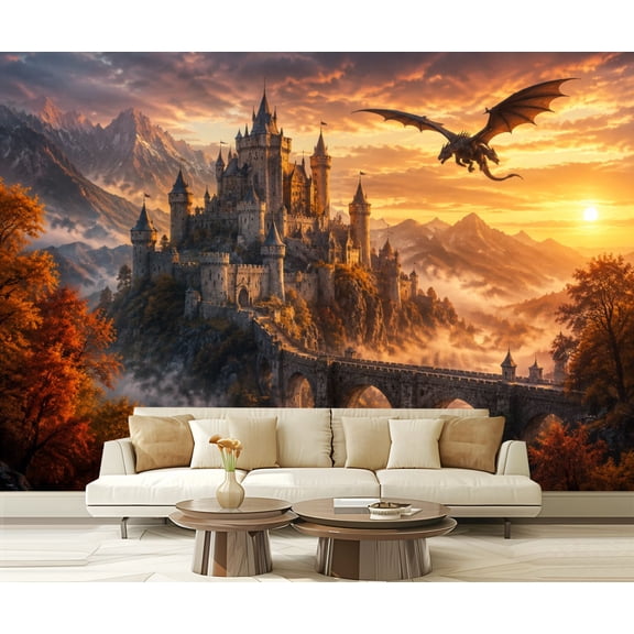Wall Mural Peel and Stick Medieval Castle Sunrise Majestic Dragon Autumn Scenery Self-Adhesive Wallpaper Removable Wall Decal Wall Sticker Home Decor for Living Room Bedroom 100"x144"