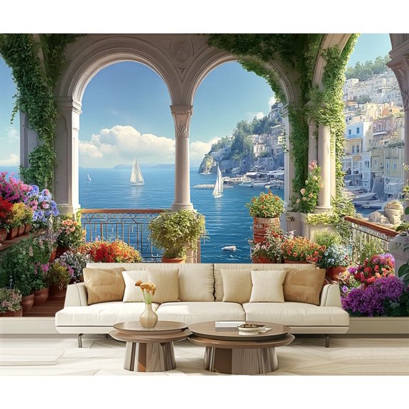 Wall Mural Peel and Stick Mediterranean Coastal Balcony Arched Columns Flower Pots Ocean Self-Adhesive Wallpaper Removable Wall Decal Wall Sticker Home Decor for Living Room Bedroom 100"x144"