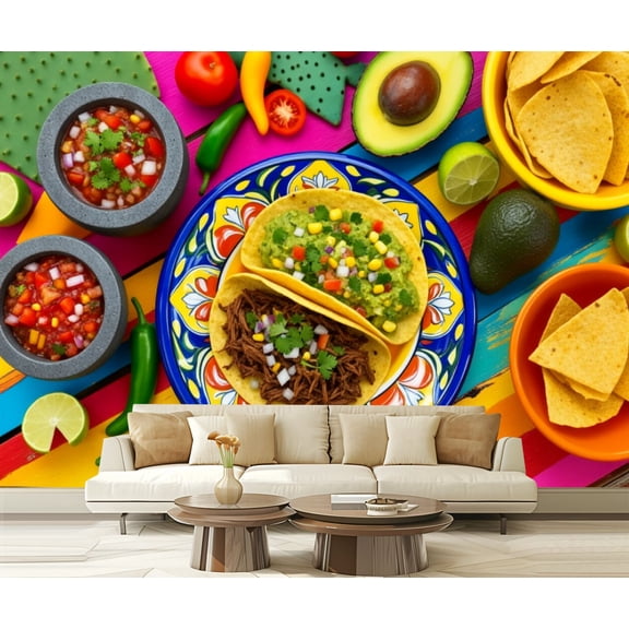 Wall Mural Peel and Stick Mexican platillo tacos barbacoa vegetarian Self-Adhesive Wallpaper Removable Wall Decal Wall Sticker Home Decor for Living Room Bedroom 100"x144"