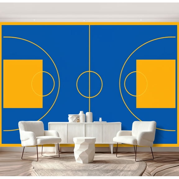 Wall Mural Peel and Stick Minimalist Basketball Court Blue Yellow Color Block Design Self-Adhesive Wallpaper Removable Wall Decal Wall Sticker Home Decor for Living Room Bedroom 69"x96"
