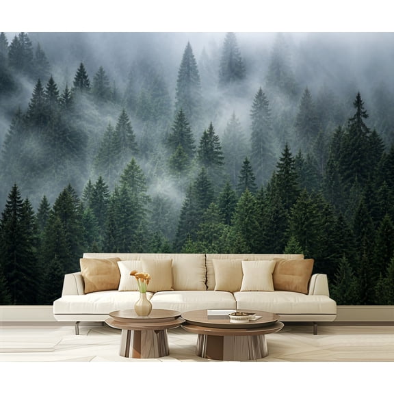 Wall Mural Peel and Stick Misty Evergreen Forest Dense Green Trees Foggy Atmosphere Self-Adhesive Wallpaper Removable Wall Decal Wall Sticker Home Decor for Living Room Bedroom 100"x144"