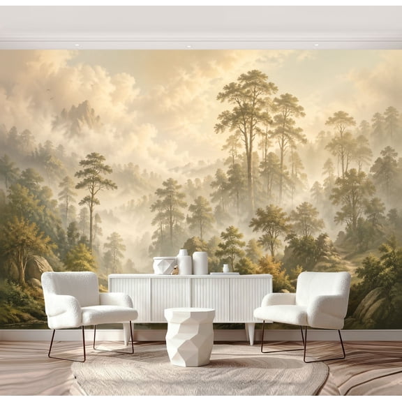 Wall Mural Peel and Stick Misty Forest Landscape Tall Pines Soft Fog Self-Adhesive Wallpaper Removable Wall Decal Wall Sticker Home Decor for Living Room Bedroom 69"x96"