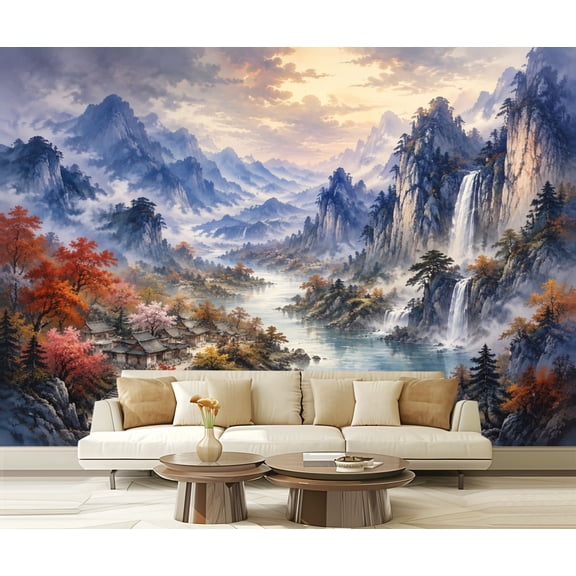 Wall Mural Peel and Stick Misty Mountain River Valley Waterfalls Autumn Forest Chinoiserie Self-Adhesive Wallpaper Removable Wall Decal Wall Sticker Home Decor for Living Room Bedroom 100"x144"
