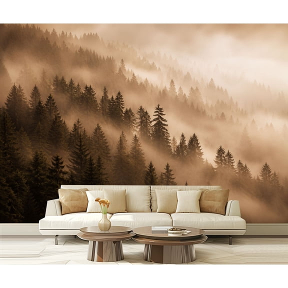 Wall Mural Peel and Stick Misty Pine Forest Soft Fog Atmospheric Sepia Tone Self-Adhesive Wallpaper Removable Wall Decal Wall Sticker Home Decor for Living Room Bedroom 100"x144"