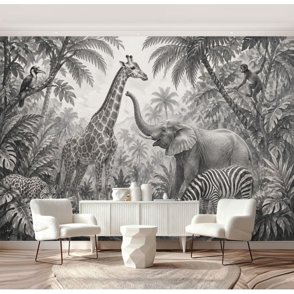 Wall Mural Peel and Stick Monochrome Jungle Elephant Giraffe Zebra Leopard Self-Adhesive Wallpaper Removable Wall Decal Wall Sticker Home Decor for Living Room Bedroom 69"x96"