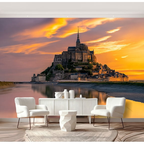 Wall Mural Peel and Stick Mont Saint Michel Abbey Sunset Golden Sky Reflection Tidal Flats Self-Adhesive Wallpaper Removable Wall Decal Wall Sticker Home Decor for Living Room Bedroom 69"x96"
