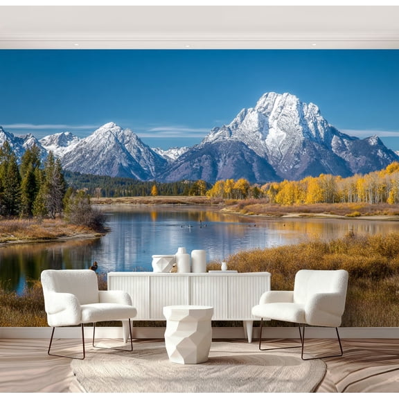 Wall Mural Peel and Stick Mount Moran view from Oxbow Bend beside Snake River Grand Teton Self-Adhesive Wallpaper Removable Wall Decal Wall Sticker Home Decor for Living Room Bedroom 69"x96"