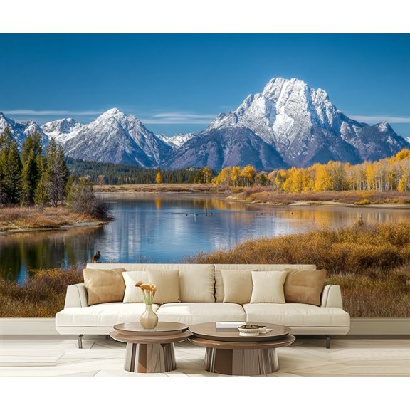 Wall Mural Peel and Stick Mount Moran view from Oxbow Bend beside Snake River Grand Teton Self-Adhesive Wallpaper Removable Wall Decal Wall Sticker Home Decor for Living Room Bedroom 100"x144"