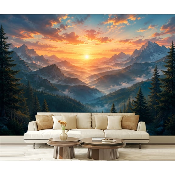 Wall Mural Peel and Stick Mountain Forest Sunrise Landscape Misty Pine Trees Golden Sky Self-Adhesive Wallpaper Removable Wall Decal Wall Sticker Home Decor for Living Room Bedroom 100"x144"