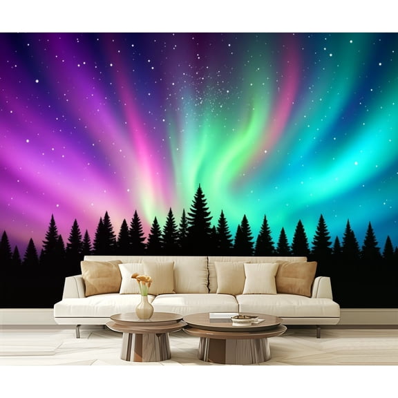 Wall Mural Peel and Stick Multicolored northern lights Aurora Canadian forest Self-Adhesive Wallpaper Removable Wall Decal Wall Sticker Home Decor for Living Room Bedroom 100"x144"