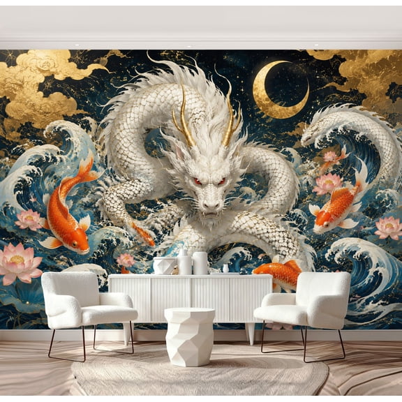 Wall Mural Peel and Stick Mythical White Dragon Amidst Golden Waves Fish Lotus Flowers Self-Adhesive Wallpaper Removable Wall Decal Wall Sticker Home Decor for Living Room Bedroom 69"x96"