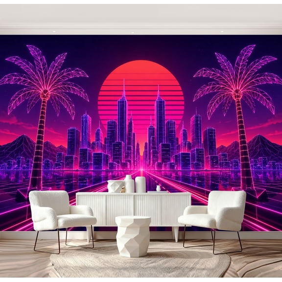 Wall Mural Peel and Stick Neon city palms road 80 Retro 3d render Self-Adhesive Wallpaper Removable Wall Decal Wall Sticker Home Decor for Living Room Bedroom 69"x96"