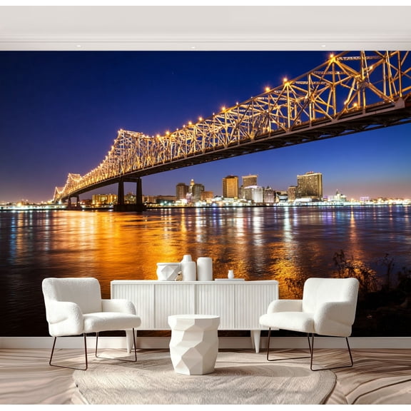 Wall Mural Peel and Stick New Orleans City Skyline Crescent City Connection Bridge Night Self-Adhesive Wallpaper Removable Wall Decal Wall Sticker Home Decor for Living Room Bedroom 69"x96"
