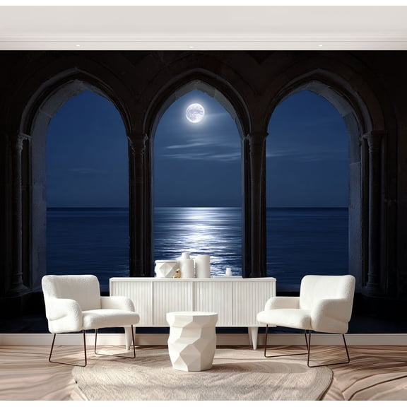Wall Mural Peel and Stick Ocean View Gothic Arched Windows Night Self-Adhesive Wallpaper Removable Wall Decal Wall Sticker Home Decor for Living Room Bedroom 69"x96"