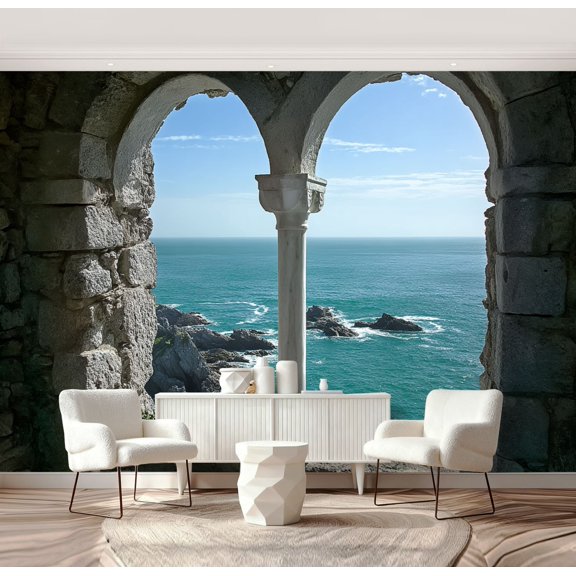 Wall Mural Peel and Stick Ocean View from Stone Archway Pillar Rocky Seaside Self-Adhesive Wallpaper Removable Wall Decal Wall Sticker Home Decor for Living Room Bedroom 69"x96"