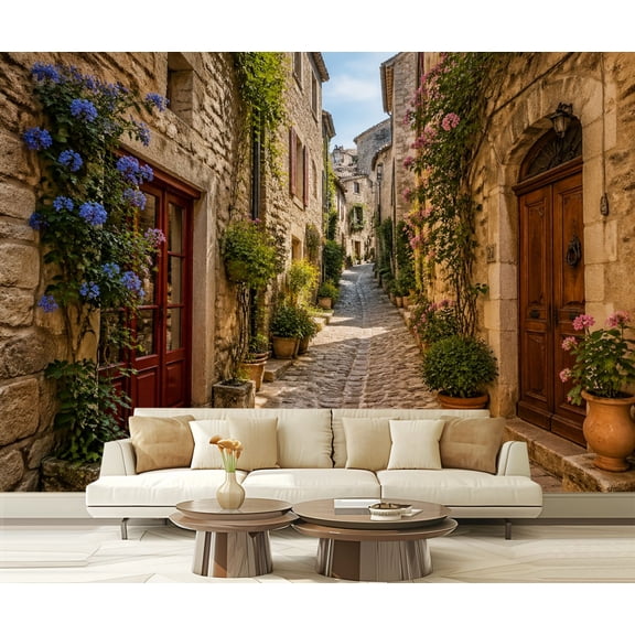 Wall Mural Peel and Stick Old French village houses cobblestone street Self-Adhesive Wallpaper Removable Wall Decal Wall Sticker Home Decor for Living Room Bedroom 100"x144"