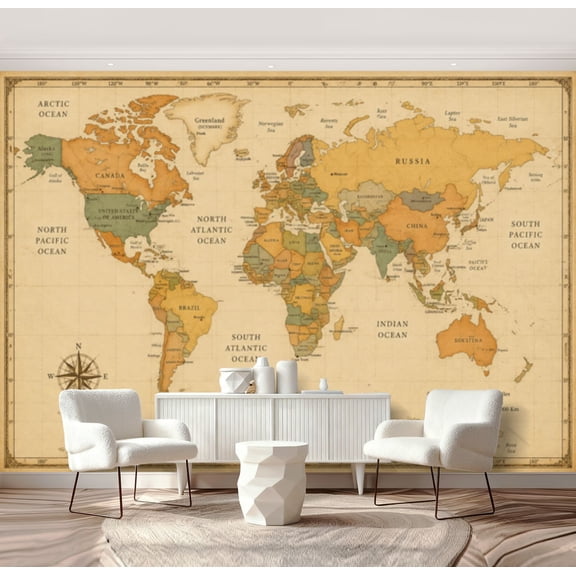 Wall Mural Peel and Stick Old retro World Map lakes rivers Highly large political World Map Self-Adhesive Wallpaper Removable Wall Decal Wall Sticker Home Decor for Living Room Bedroom 69"x96"