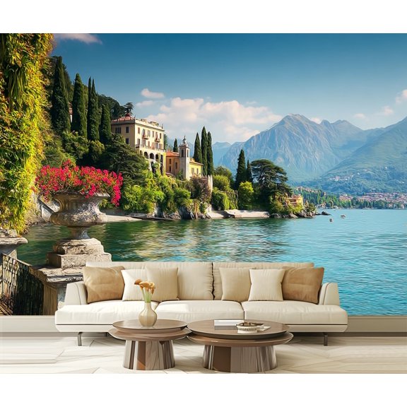 Wall Mural Peel and Stick Oleander flowers villa Monastero lake Como Varenna Self-Adhesive Wallpaper Removable Wall Decal Wall Sticker Home Decor for Living Room Bedroom 100"x144"