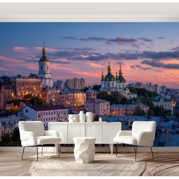 Wall Mural Peel and Stick Orange sunset cloud cityscape Kiev Ukraine Europe Self-Adhesive Wallpaper Removable Wall Decal Wall Sticker Home Decor for Living Room Bedroom 69"x96"