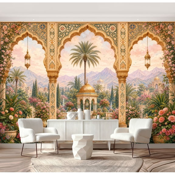 Wall Mural Peel and Stick Ornate Arches Floral Palm Tree Garden Chinoiserie Self-Adhesive Wallpaper Removable Wall Decal Wall Sticker Home Decor for Living Room Bedroom 69"x96"